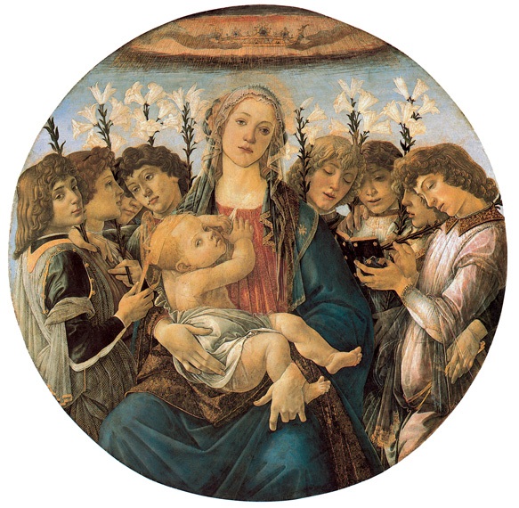 唱歌的天使和圣母子/意大利/波提切利/板上蛋彩/直径135厘米/达雷姆美术馆藏