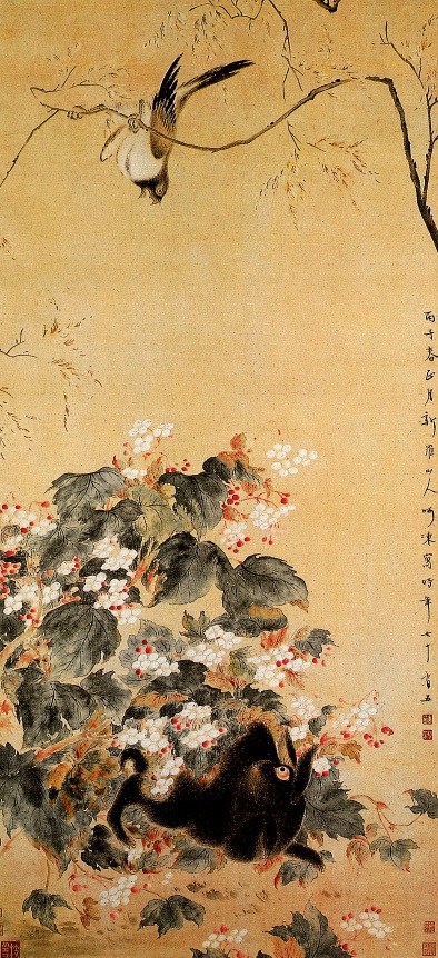 海棠禽兔图