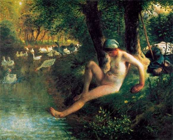 沐浴的放鹅少女/法国/米勒/布上油画/纵38×横46.5厘米/巴尔的摩沃尔特斯美术馆藏